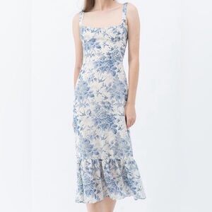 Sunday Up Blue and White Floral Toile Dress